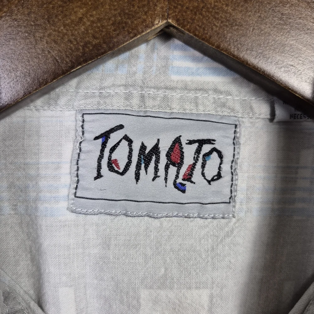 Vtg Tomato Mens XL Gray Plaid Grid Check‎ Hidden Button Up Shirt 90s Y2K Skater